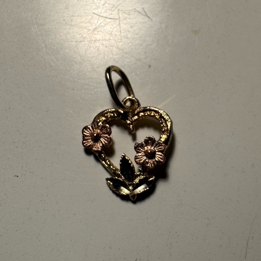 14k Gold and Pink Floral Heart Pendant / Charm